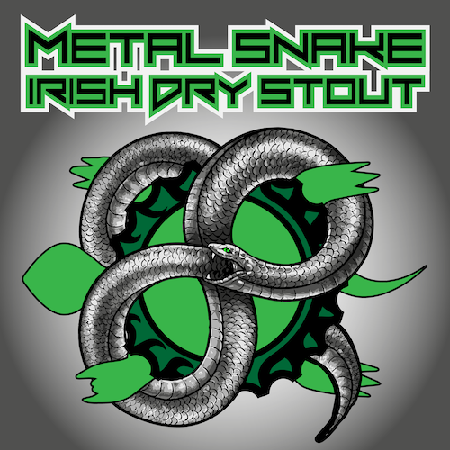 Metallic Ouroboros snake clover-wrapped around a Turtle Mountain Brewing Turtle giving a Rock-On hand gesture