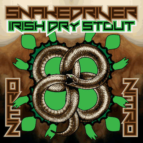 snakedriver-500 Metallic Ouroboros snake four leaf clover-wrapped with Turtle Mountain Brewing Turtles giving Rock-On hand gestures on a nitro stout cascade beakground